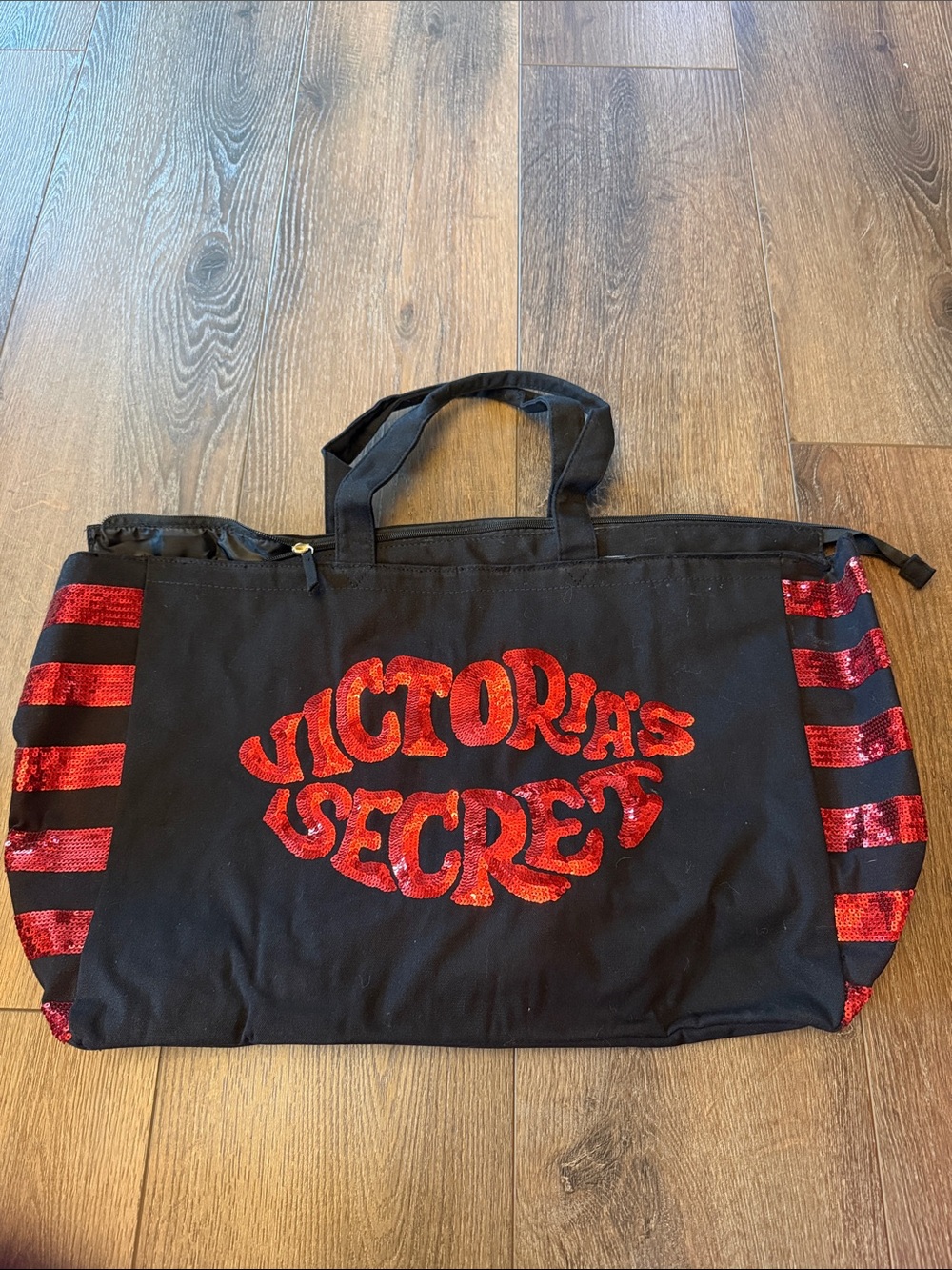 Victoria's Secret Black Tote with Red Sequin Logo and Side Stripes